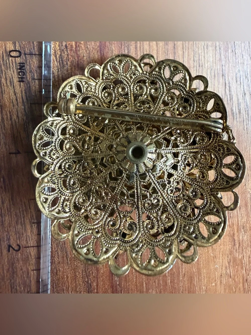 Vintage Germany Gold Tone Filigree Brooch Black Hematite Stone Pearl Rhinestone